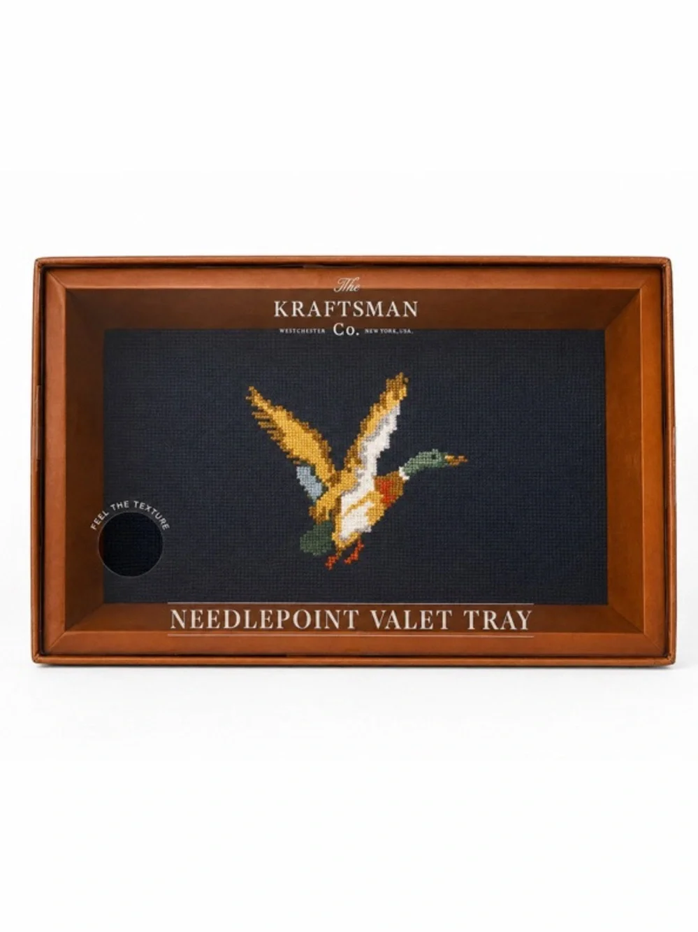THE KRAFTSMAN CO. NEEDLEPOINT VALET TRAY DUCK HUNTING NAVY VINTAGE WOOD